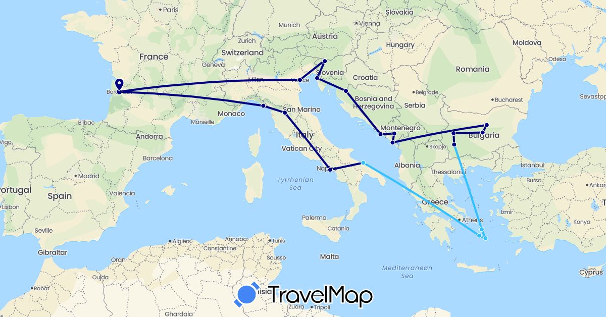 TravelMap itinerary: driving, boat in Bulgaria, France, Greece, Croatia, Italy, Montenegro, Slovenia (Europe)